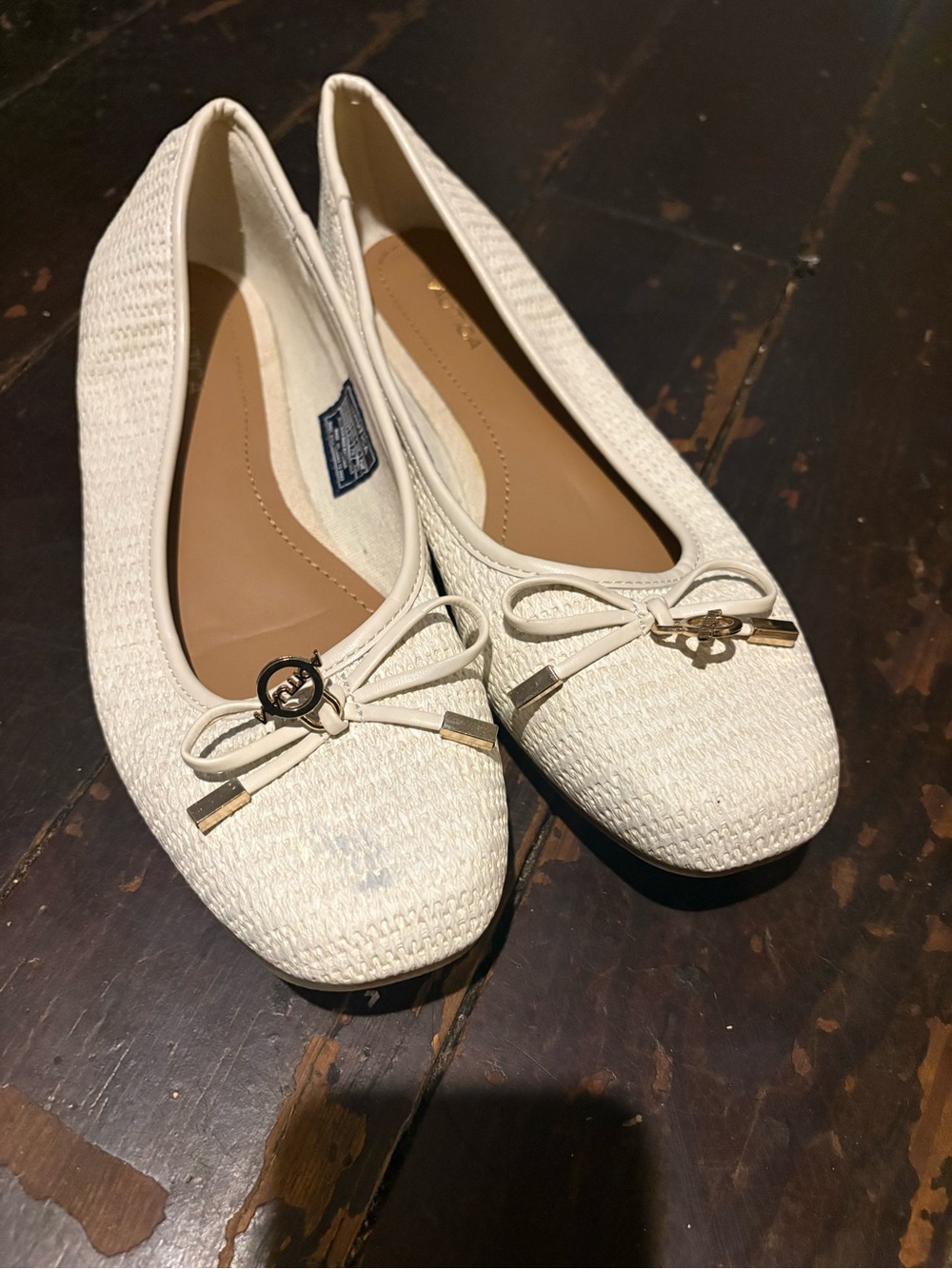 Nautica Cream Woven Ballet Flats with Bow and Logo Accent